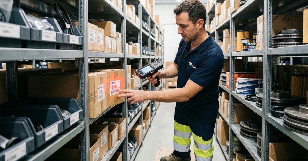 ricambista fa inventario di magazzino con terminalino